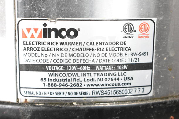 Winco RW-S451 countertop electric rice warmer label showing model, voltage, wattage, and manufacturer information.