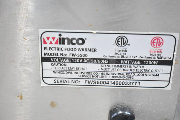Winco FW-S500 electric food warmer; 120V, 1-phase, 1200W. Label shows model, voltage, and caution details.