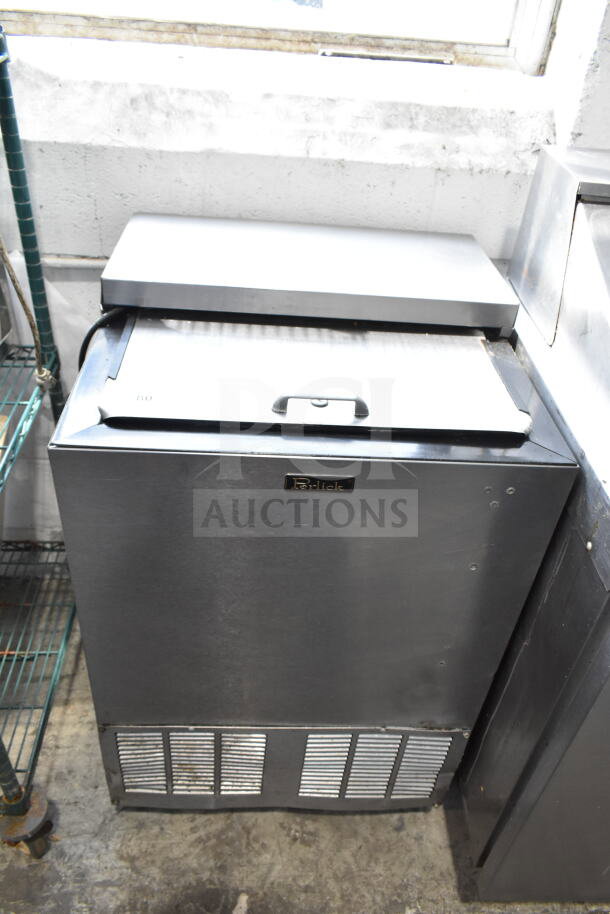 Perlick back bar bottle cooler with sliding lid, 115 volts, 1 phase, stainless steel finish, showing Perlick logo.
