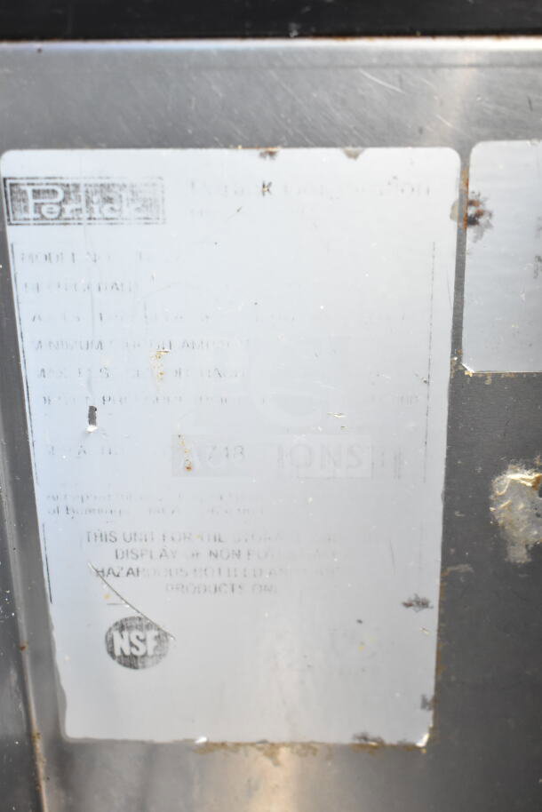 Perlick Back Bar Bottle Cooler with sliding lid, 115 volts, 1 phase. NSF certified label visible, showing wear.