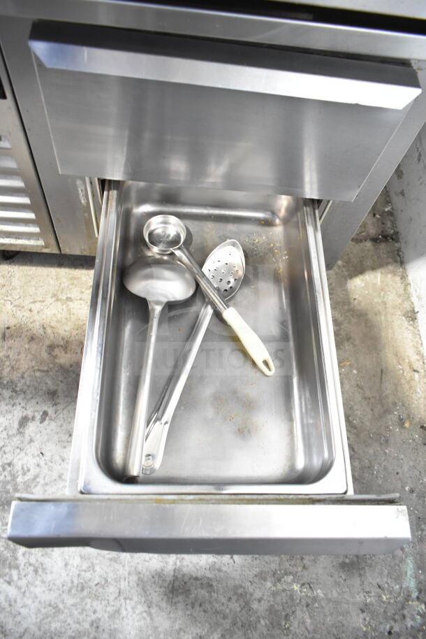Traulsen Commercial 2 Drawer Chef Base, stainless steel, 115 volts, 1 phase, open drawer showing utensils, clean condition.