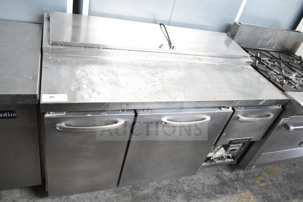 Continental CPA60 Commercial Pizza Prep Table, stainless steel, 115V, 1 phase, storage doors, showing moderate wear.