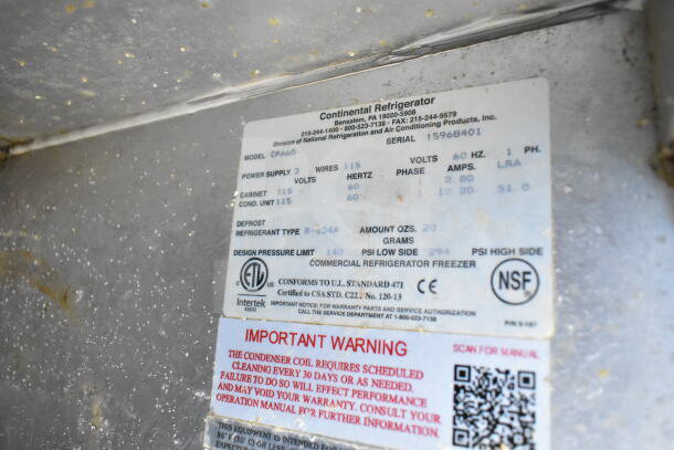 Continental CPA60 Commercial Pizza Prep Table label, showing model, 115V, 1 phase. Includes maintenance warning and certifications.