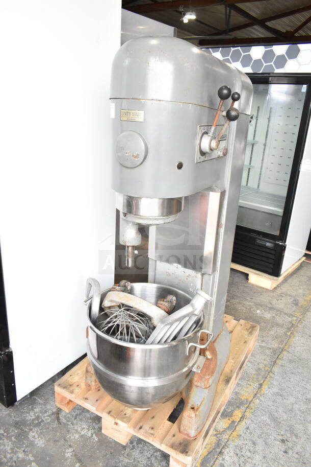 Hobart M 802 commercial 80-quart dough mixer with bowl, dolly, whisk, paddle, and hook. 200V, 3-phase.