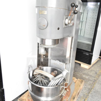 Hobart M 802 Commercial Floor Style 80 Quart Dough Mixer w/ Mixing Bowl, Mixing Bowl Dolly, Whisk, Paddle and Dough Hook Attachments. 200 Volts, 3 Phase.
