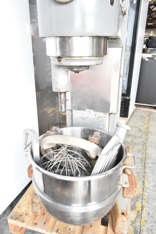 Hobart M 802 80-quart mixer with attachments, mixing bowl, and dolly. 200V, 3-phase. Some wear visible.