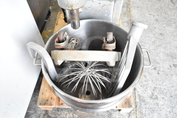 Hobart M 802 commercial 80-quart dough mixer with bowl, dolly, whisk, paddle, and dough hook. 200V, 3-phase. Good condition.