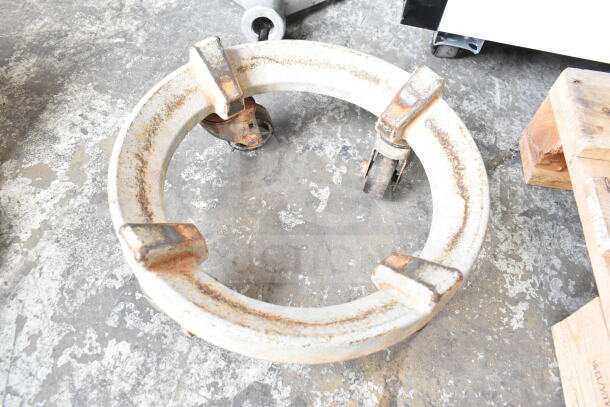 Rusty dolly for Hobart M 802 mixer bowl, showing signs of wear. Designed to facilitate movement of large mixing bowls.