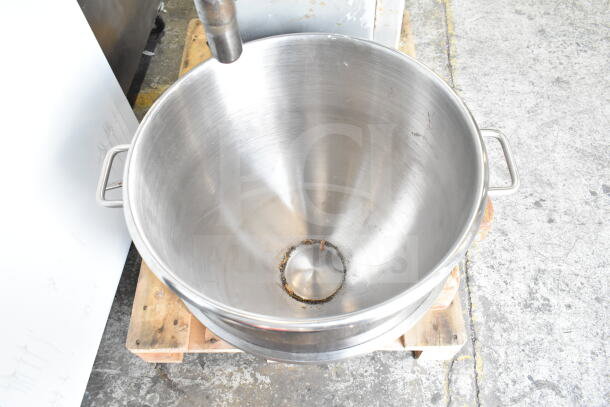 Hobart M 802 80-quart mixing bowl, stainless steel, with handles, shown on a pallet. Part of a commercial dough mixer set.