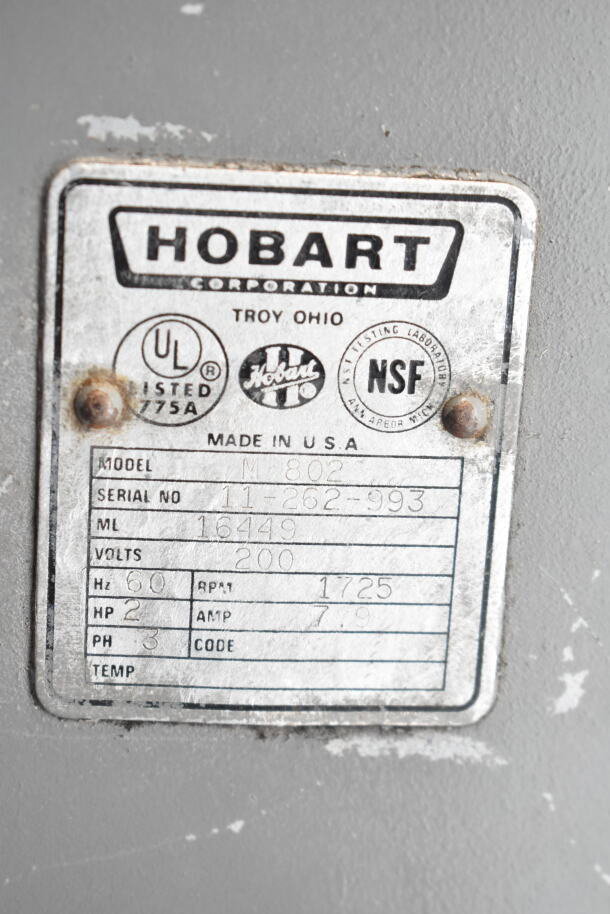 Hobart M 802 commercial 80-quart dough mixer label. Includes serial no. 11-262-993. 200V, 3 phase, NSF certified, made in USA.