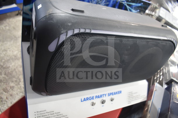 Onn Large Party Speaker display with Bluetooth, 12-hour playtime, 640W peak power. Features and condition visible.