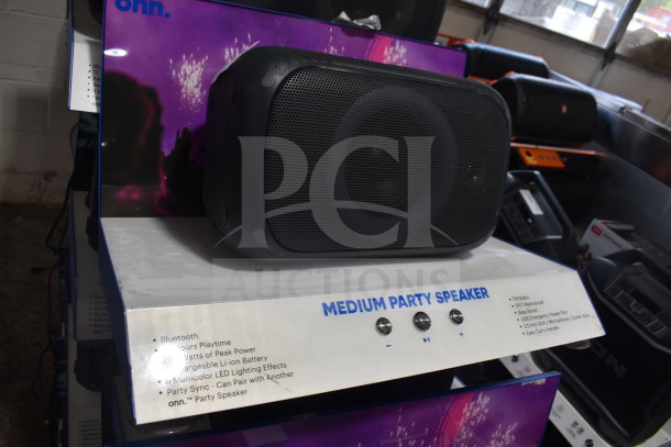 Onn Medium Party Speaker display with specs: Bluetooth, 20W peak power, multicolor LED effects, Party Sync.