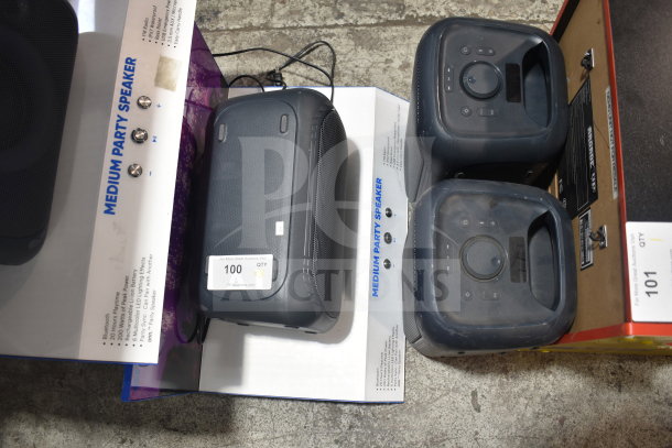 Three Onn Medium Party Speakers, new in display, featuring Bluetooth, 200W power, LED lighting; sale includes three units.