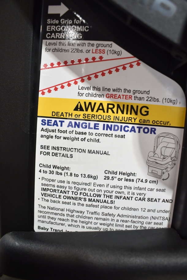 Babytrend Infant Car Seat w/ Base, showing seat angle indicator and safety warning label for children 4-30 lbs.