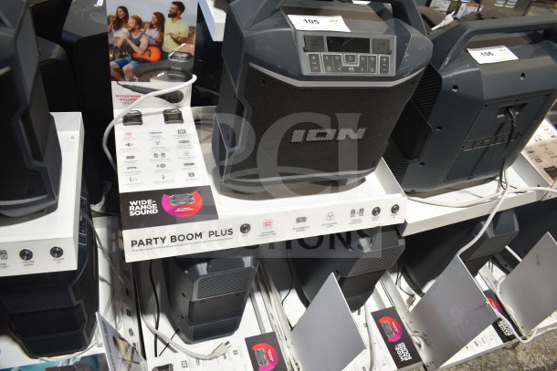 3 Ion Party Boom Plus speakers on display, featuring Bluetooth, wide-range sound, rechargeable battery, and multi-colored lights.