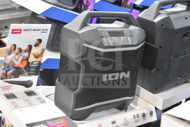 Ion Party Boom Plus speaker display, featuring Bluetooth connectivity, durable design, and microphone inclusion.