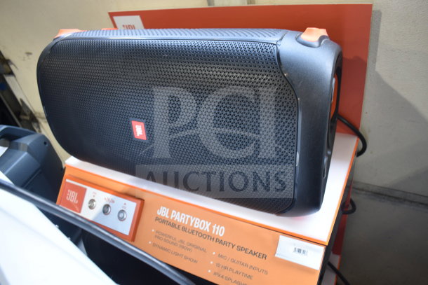 JBL Partybox 110 speaker, display condition, offers 160W Pro Sound, dynamic light show, 12-hour playtime, IPX4 splashproof.