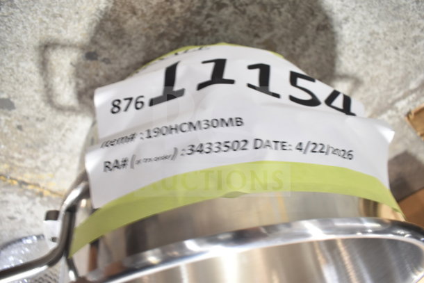 BRAND NEW 30 Qt. stainless steel mixing bowl, model 190HCM30MB, slight scratches. Tag shows item and order details.