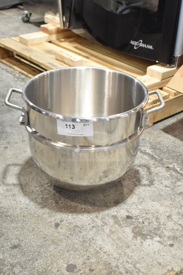 BRAND NEW 190HCM30MB 30 Qt. stainless steel mixing bowl with handles, minor scratches, auction tag 113 visible.