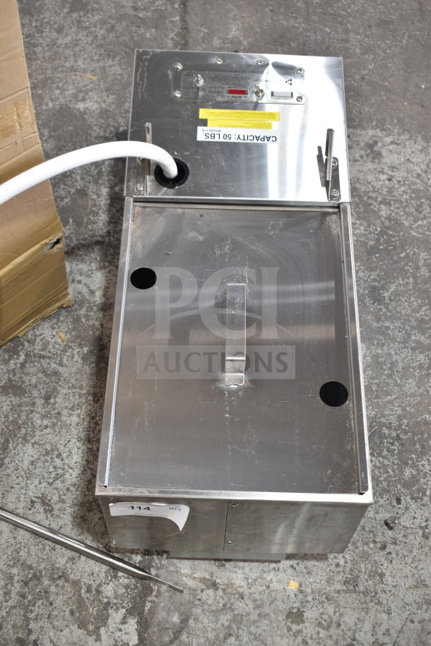 Frymaster PF50 Portable Fryer Oil Filter, 2025 model, new with scratches and dents, 120 volts 1 phase, 50 lb capacity label.