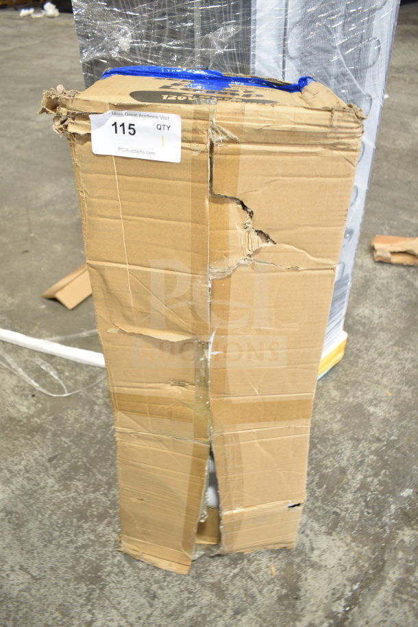 Box of ServIt 423BLS4 Suspension Bar 4 Bulb Heat Lamp, marked "scratch and dent," appears damaged, label shows 120 volts, 1 phase.