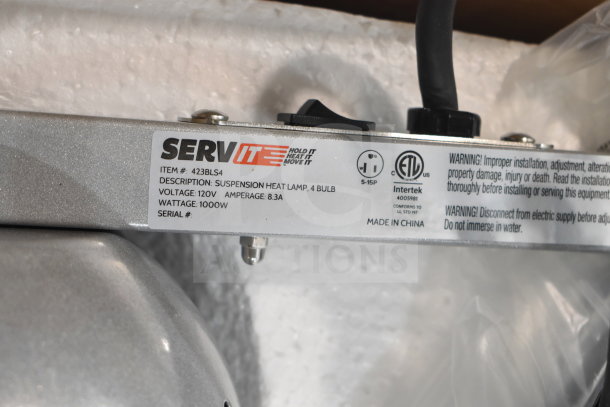 BRAND NEW SCRATCH AND DENT! ServIt 423BLS4 4 Bulb Heat Lamp, 120V, 1000W, ETL certified; warning labels visible.