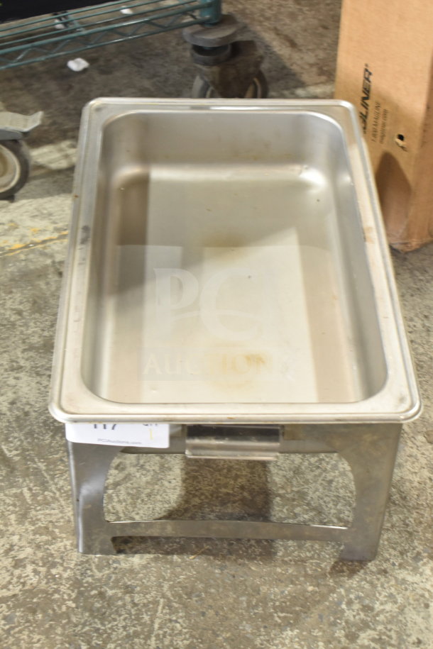 BRAND NEW Scratch and Dent chafing dish frame with drop-in; slight blemishes visible, stainless steel construction.