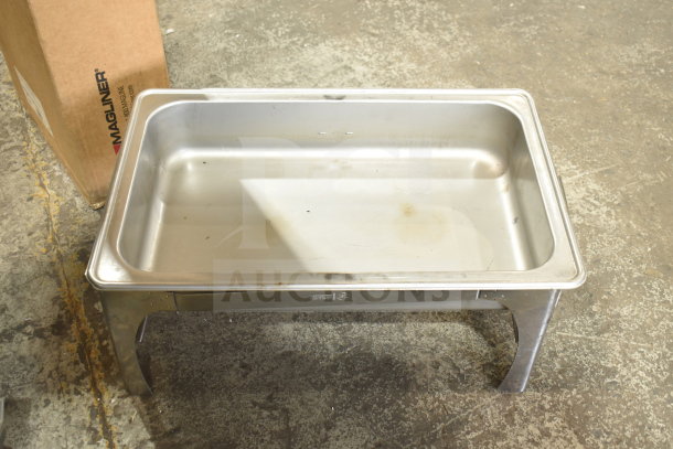 Brand new scratch and dent chafing dish frame with drop-in, stainless steel, minor surface marks, sturdy build.