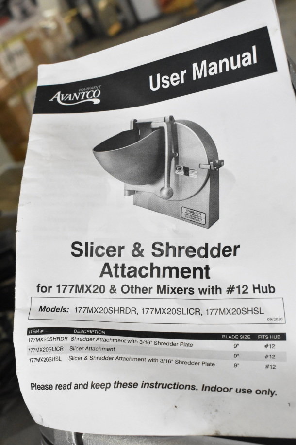 Brand new Avantco 190M22HSHRDR shredder attachment for mixers, fits #22 hubs. Includes manual, minor scratches and dents.
