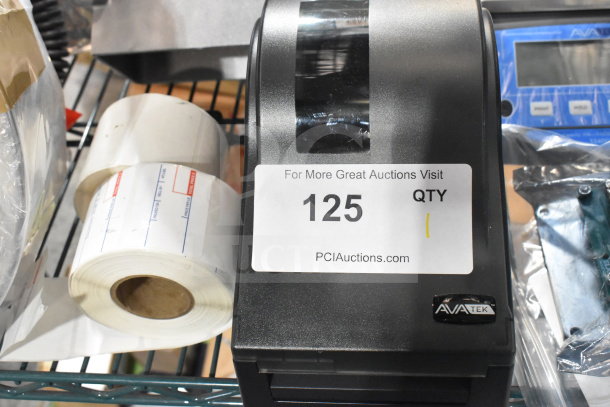 BRAND NEW SCRATCH AND DENT! AvaTek OS-2130D Pro Label Printer, black, with rolls of labels, auction tag visible.