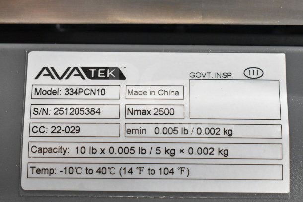 BRAND NEW AvaTek 334PCN10 10 lb. Legal for Trade Portion Scale, scratch and dent, made in China, model 334PCN10.