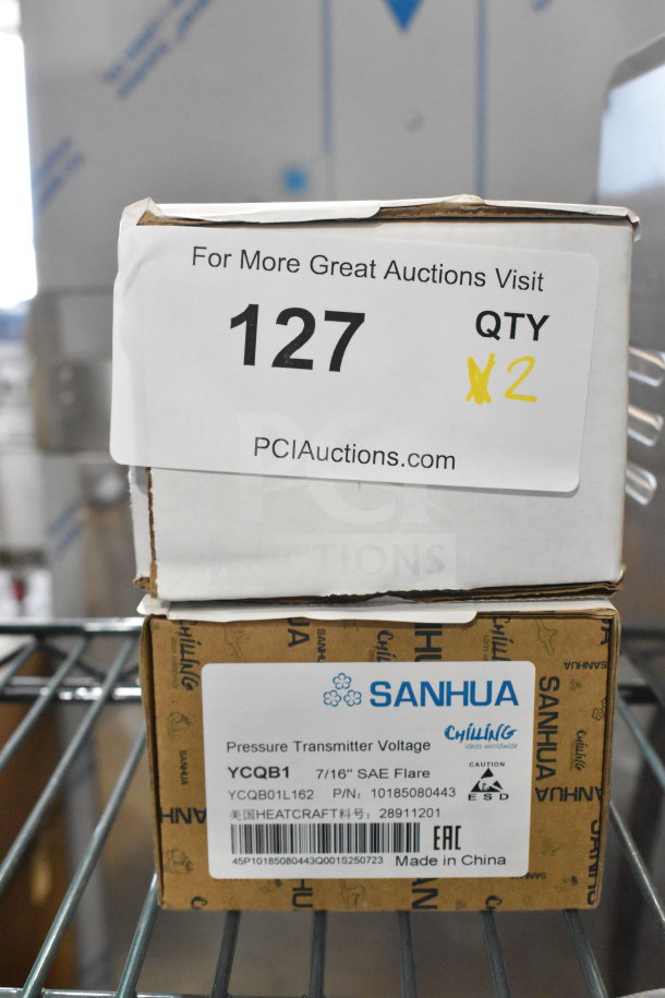 Brand new Sanhua YCQB1 Pressure Transmitter and Vulcan 00-858461-00001 Motorized Drain Valve, both labeled "scratch and dent," Quantity: 2.