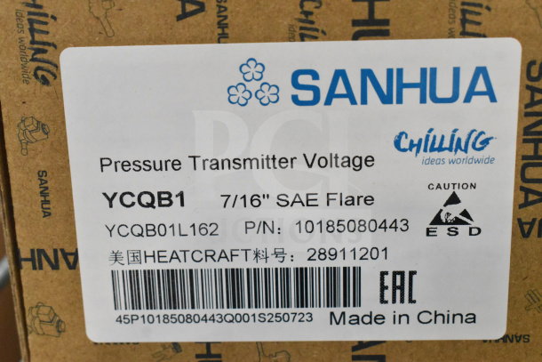 "New Sanhua YCQB1 Pressure Transmitter Voltage, box label showing model, P/N 0185080443, and made in China."