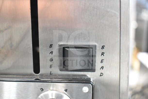 Brand new Avantco 184THD27240 toaster with bagel/bread switch and wide slots. Medium-duty, 240V, 1 phase. Scratch and dent condition.