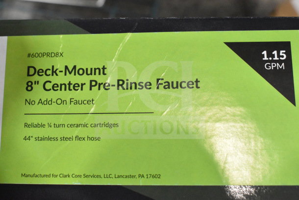 "Regency 600PRD8X pre-rinse faucet, 1.15 GPM, deck-mounted, 8" centers, 44" hose, scratch and dent condition, ceramic cartridges."