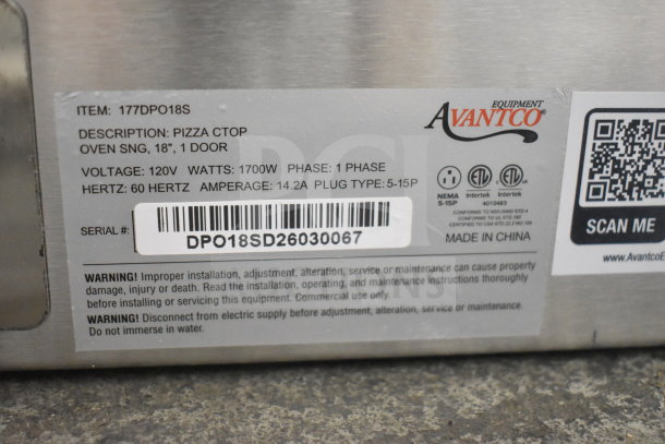 Avantco 177DPO18S countertop pizza oven label showing model, voltage, 1700W, single phase, and safety warnings.