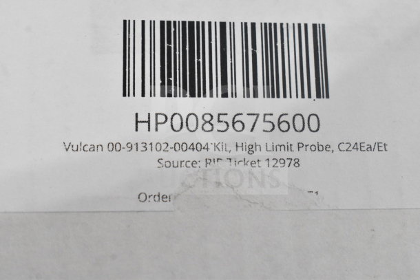 Barcoded label displaying Vulcan 00-913102-00404 Kit, High Limit Probe, C24Ea/Et, and ticket details.