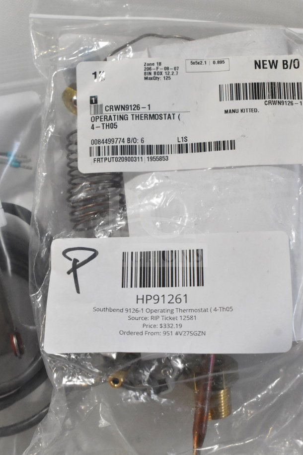Three brand new scratch and dent items: Crown Steam 9126-1 Thermostat, Operating, 4-Th05, Garland/US Range 1360200 BJ Thermostat, in packaging, labeled with price and order information.