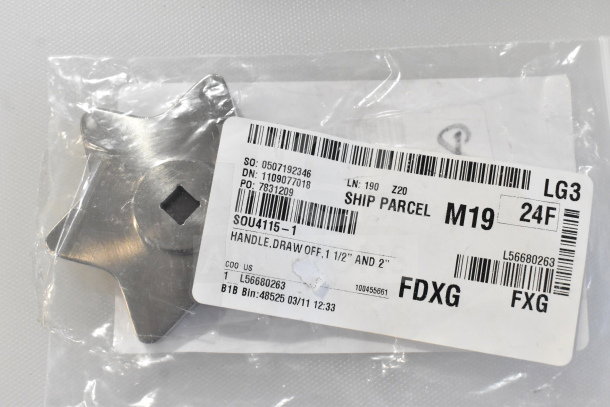 Crown Steam 4115-1 handle with labels, packaged new, showing shipping and item details.