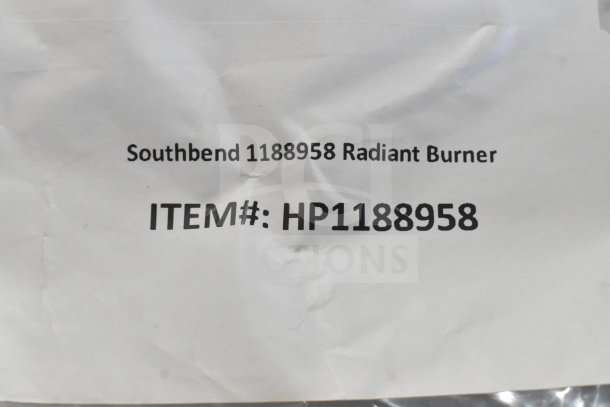 Southbend 1188958 Radiant Burner label, new condition, item number HP1188958 visible on packaging.