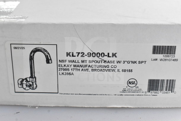 Box of Elkay KL72-9000-LK faucet, NSF certified, wall-mount spout base, new scratch and dent condition, Elkay Manufacturing.