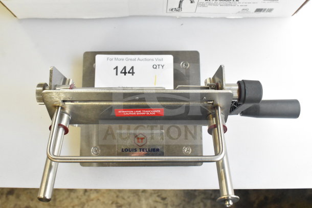 Brand new Louis Tellier Bron Coucke CLANX05 stainless steel vegetable lasagna slicer with caution label and handle.