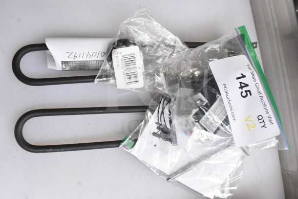 Brand new Cooking Performance Group timer knob and Avantco heating element with packaging. Item codes visible.