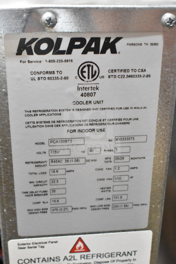 Brand new Kolpak PCA100BT2 compressor, 115V, 1 phase, for walk-in box. Scratch and dent condition.