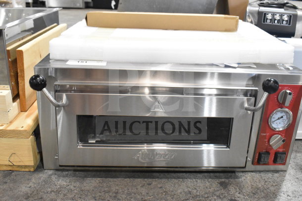 Brand new Avantco 177DPO18S single deck countertop pizza oven, scratch and dent, 120 volts, with temperature gauge.