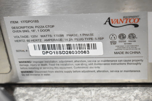 Avantco 177DPO18S countertop pizza oven, new scratch and dent. Voltage: 120V, 1700W, 1 phase, 18" single door.