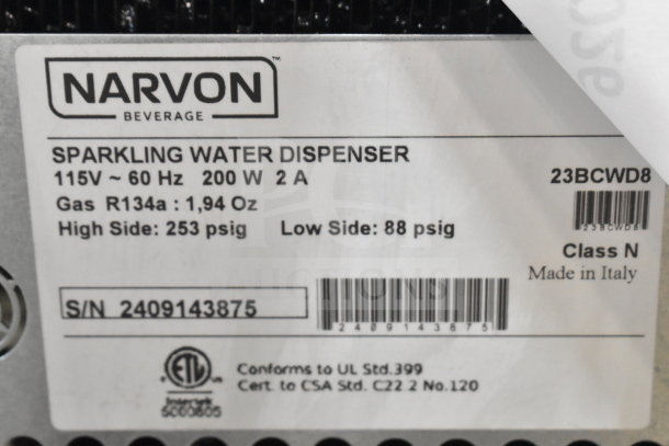 2024 Narvon 23BCWD8 Sparkling Water Dispenser label, showing voltage, model, and specifications. Made in Italy.
