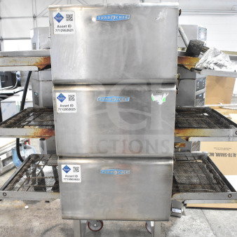 Turbochef HhC2020 commercial electric conveyor ovens on casters, includes equipment stand. 208/240V, 3-phase, asset tags visible.