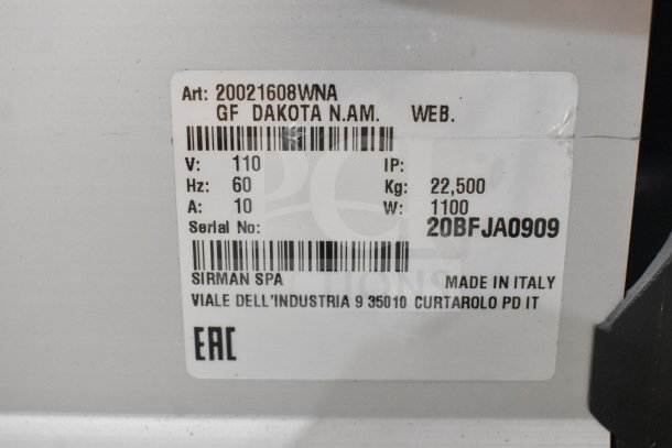 Sirman GF Dakota 20021608WNA hard cheese grater label; 120V, 60Hz, 1100W, made in Italy; serial 20BFJA0909.