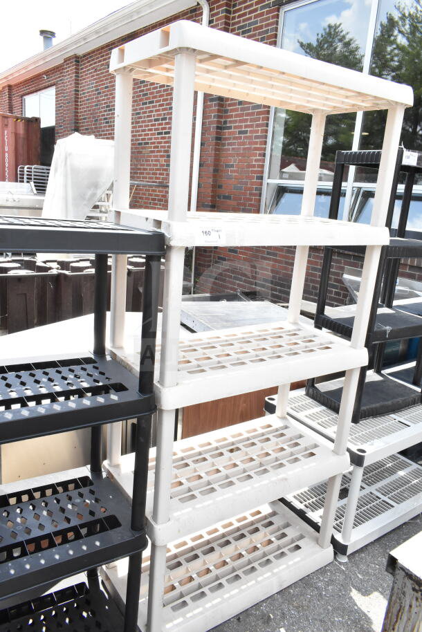 Tan poly 5-tier shelving unit, lattice shelves, good condition, label indicating lot number. Ideal for storage solutions.